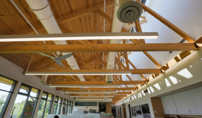 Open office with high wooden ceilings, exposed beams, white ductwork, and long hanging lights. Windows line one wall, letting in natural light. Offices and kitchen area are visible. A bird sculpture hangs from the ceiling.