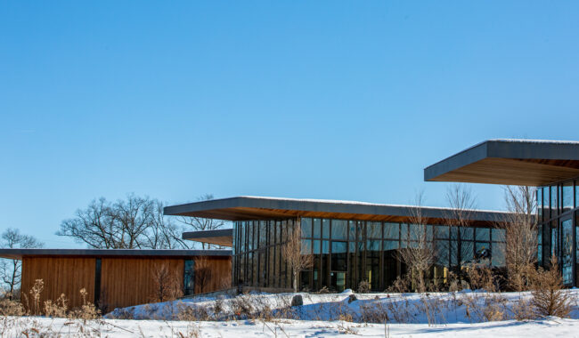 Modern buildings with large glass windows and flat roofs are surrounded by snow and dried plants. Leafless trees stand in the background under a clear blue sky.